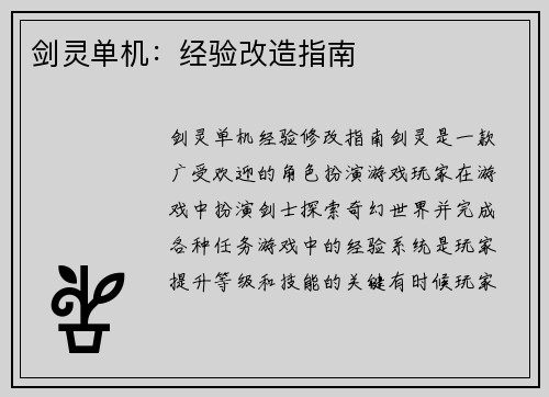 剑灵单机：经验改造指南